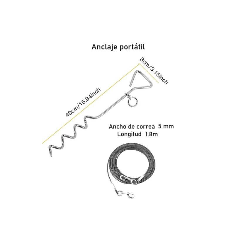 Anclaje metálico portátil para mascotas 1.8 m longitud correa gris.