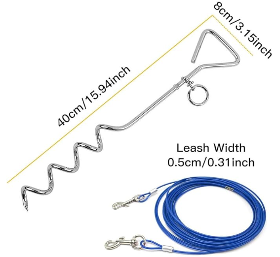 Anclaje metálico portátil para mascotas 1.8 m longitud correa azul.